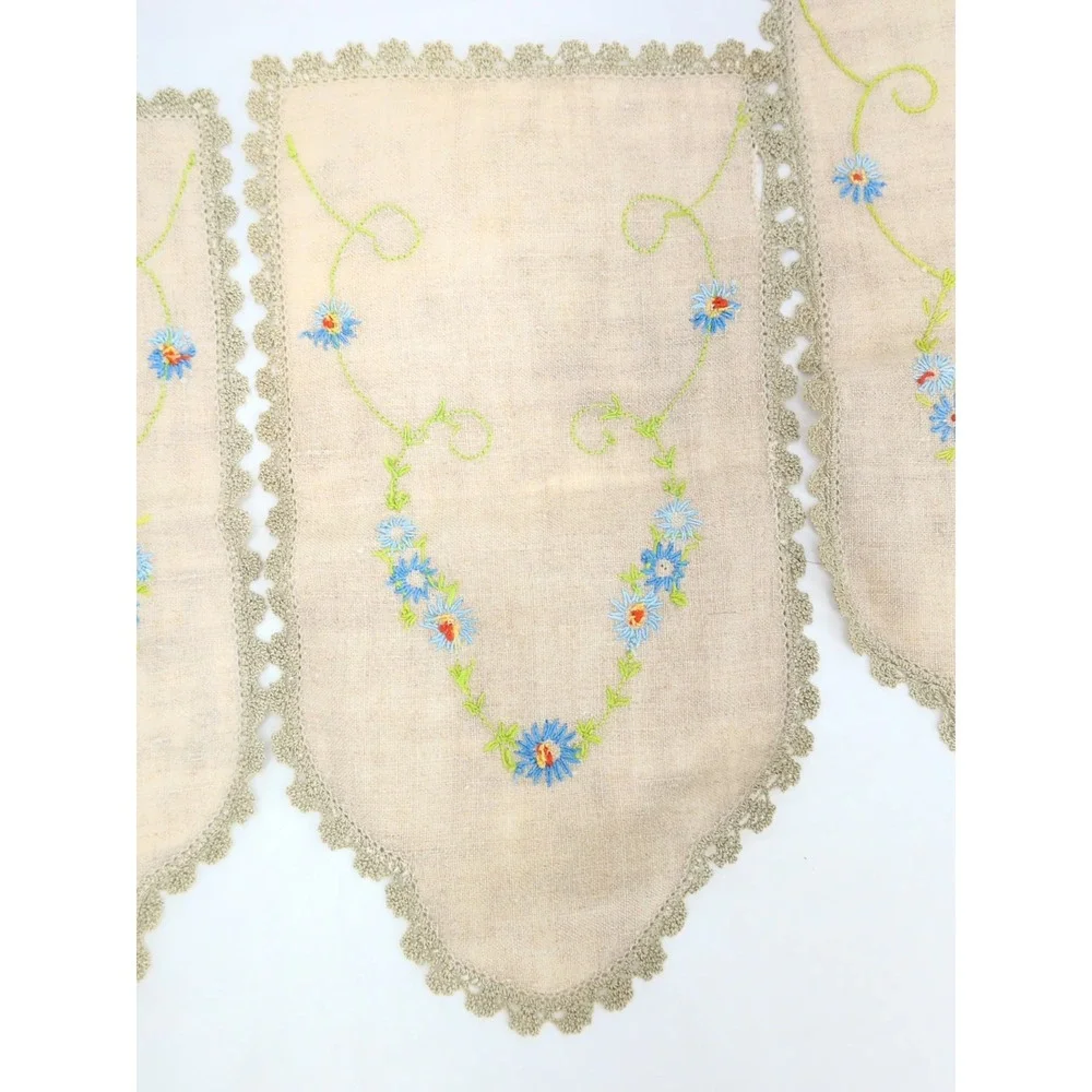 Vtg Linen Embroidered Napkins Set 4 Floral Scalloped Lace Cream Blue Green 7X12